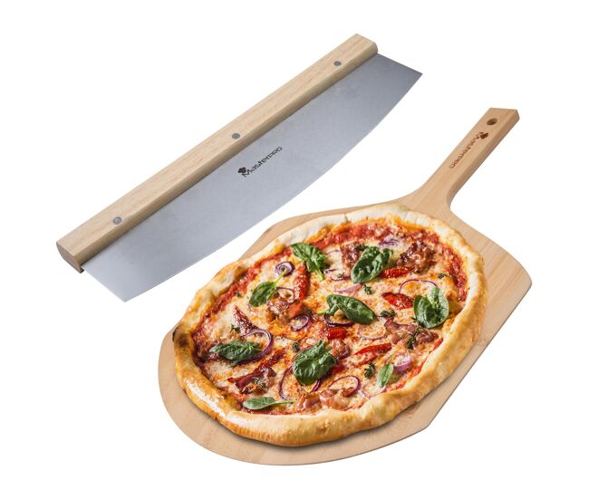 Conjunto composto por cortador de pizza + tábua de madeira masterpro