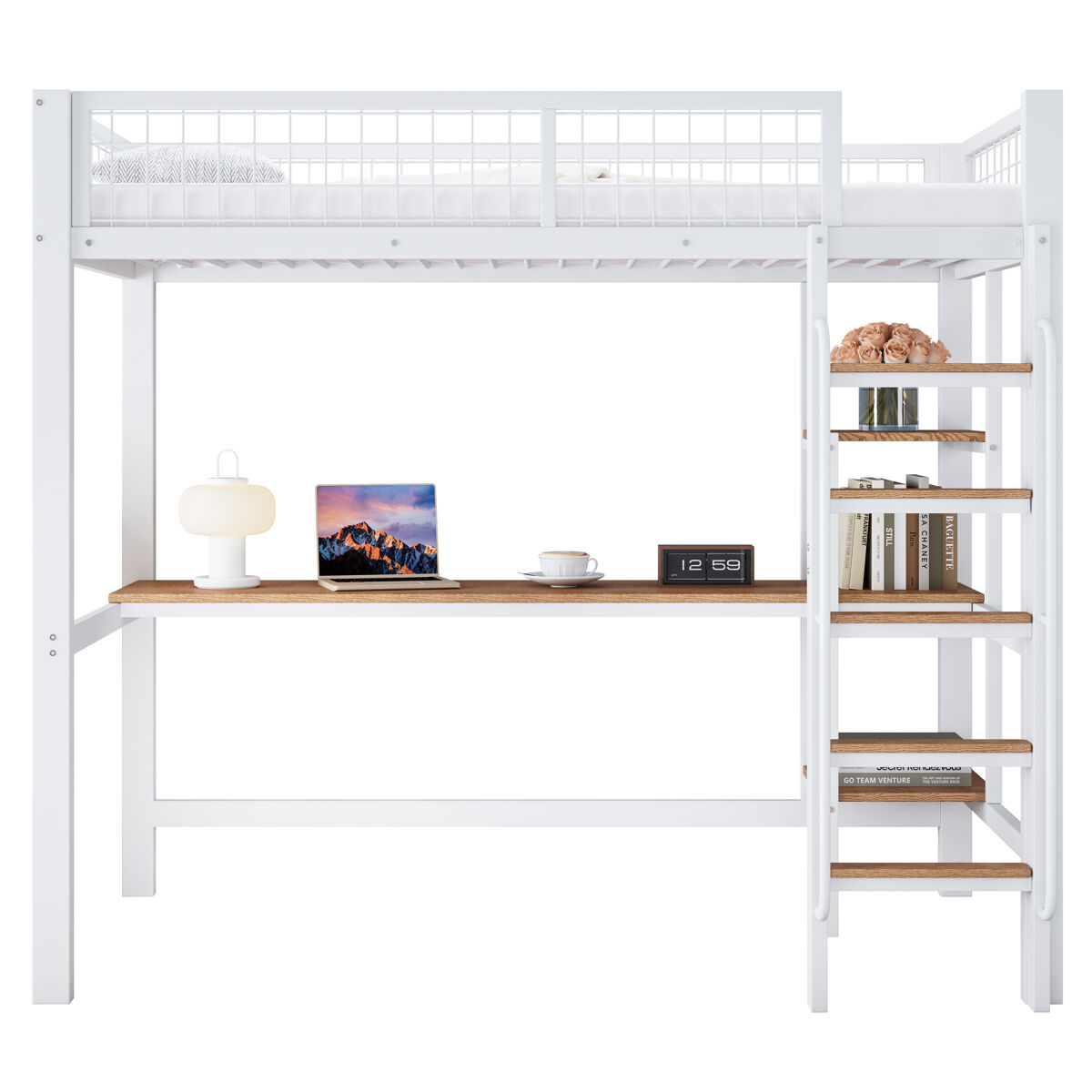 Cama alta para crianças,cama de solteiro de metal e mdf 90x200cm,branco+natural