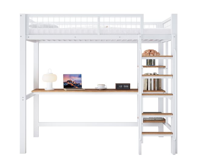 Cama alta para crianças,cama de solteiro de metal e mdf 90x200cm,branco+natural