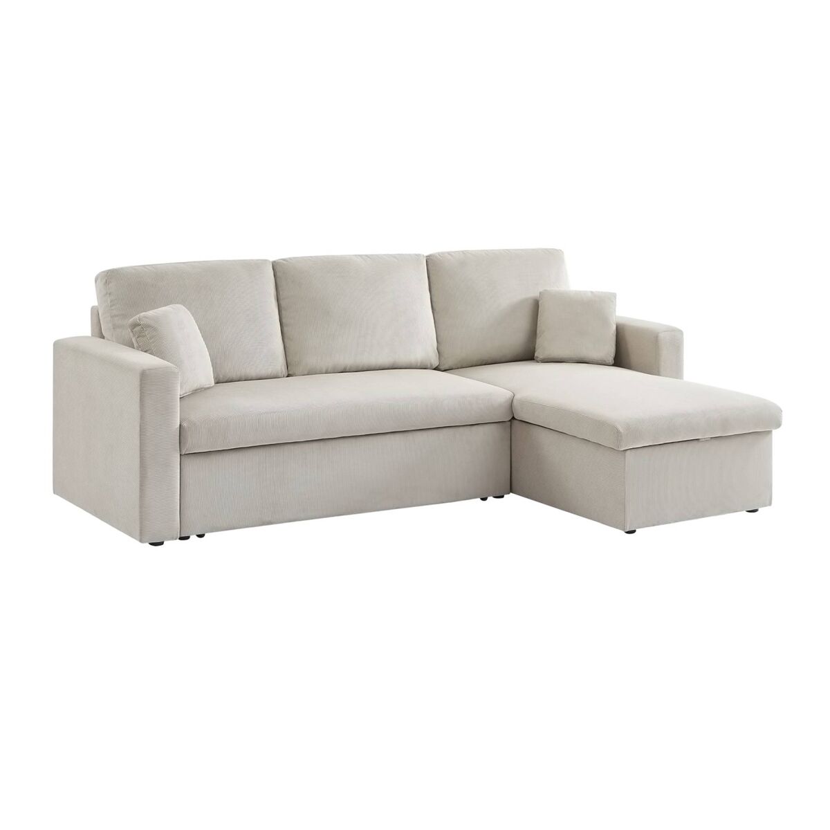 Sofá-cama de canto conversível de veludo canelado grosso de 3 lugares, ida veludo canelado, cinza bege, 219x84x68 cm