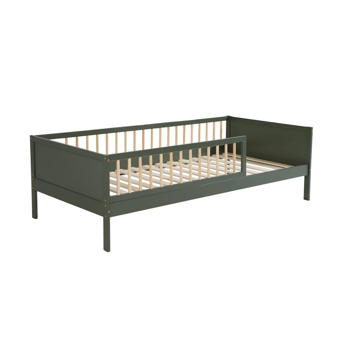 Cama infantil em pinho natural com ripas incluídas, elio, verde, 195x95.5x60 cm