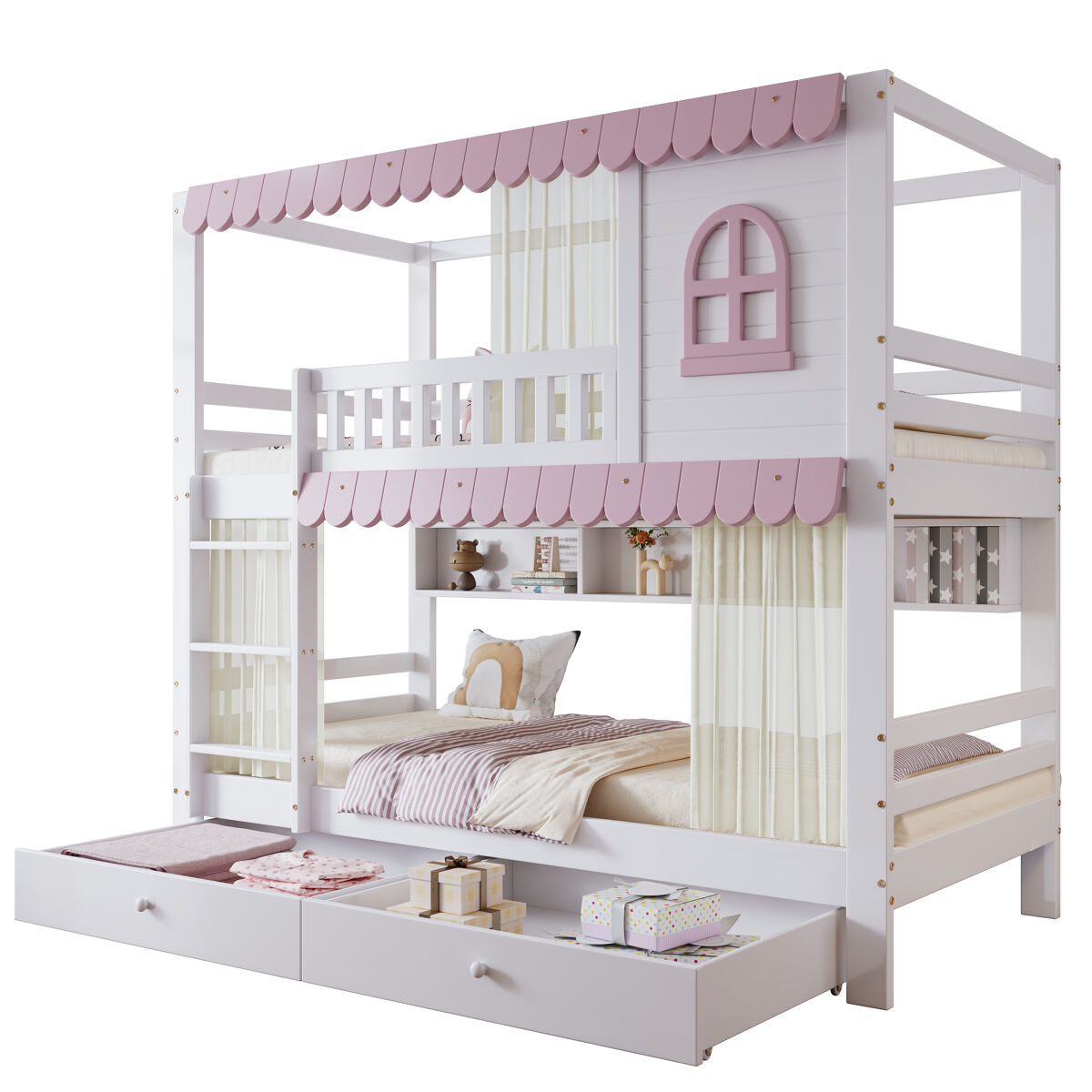 Beliche de madeira de pinho e mdf 90x200cm com 2 gavetas,rosa