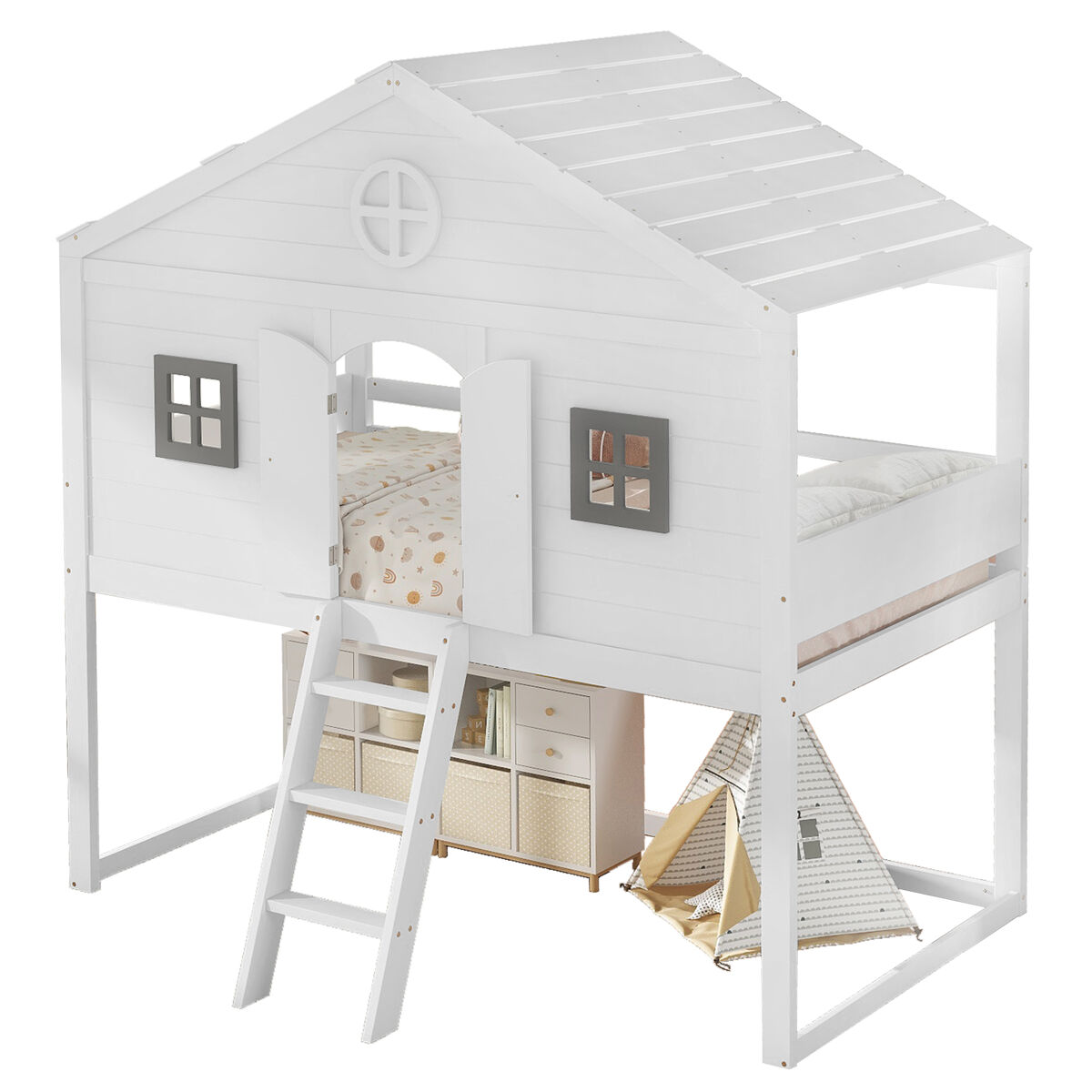 Cama alta cabaña infantil,cama de solteiro de madeira de pinho e mdf 90x200cm,branco