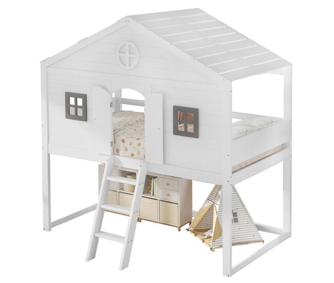 Cama alta cabaña infantil,cama de solteiro de madeira de pinho e mdf 90x200cm,branco