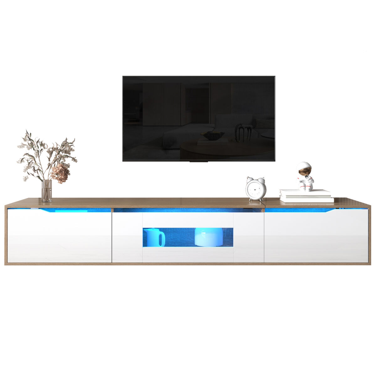Móvel de tv 180cm de painel de partículas com luz led e portas,blanc+natural