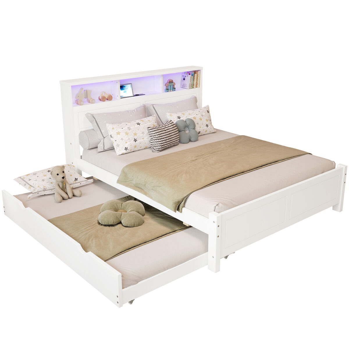 Cama gavetão de madeira de pinho y mdf 90x190(120x200)cm com luz led,branco