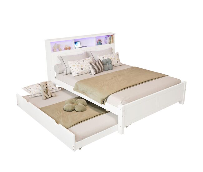 Cama gavetão de madeira de pinho y mdf 90x190(120x200)cm com luz led,branco