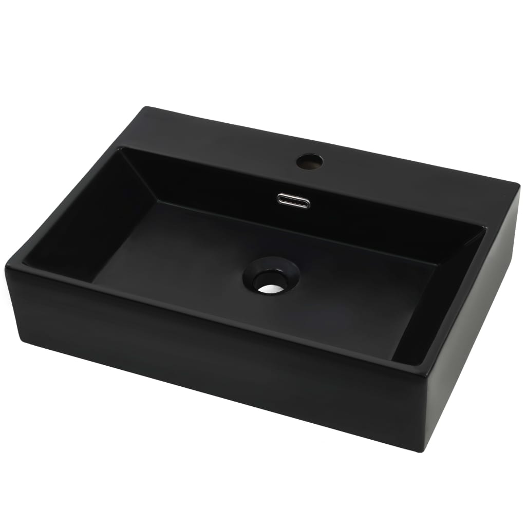 Vidaxl lavatório c/ abertura torneira cerâmica preto 60,5x42,5x14,5cm