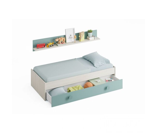 Cama compacta para jovens com prateleira 98 x 201 cm yuki branco alpes - verde acqua 201 x 43 x 98 cm