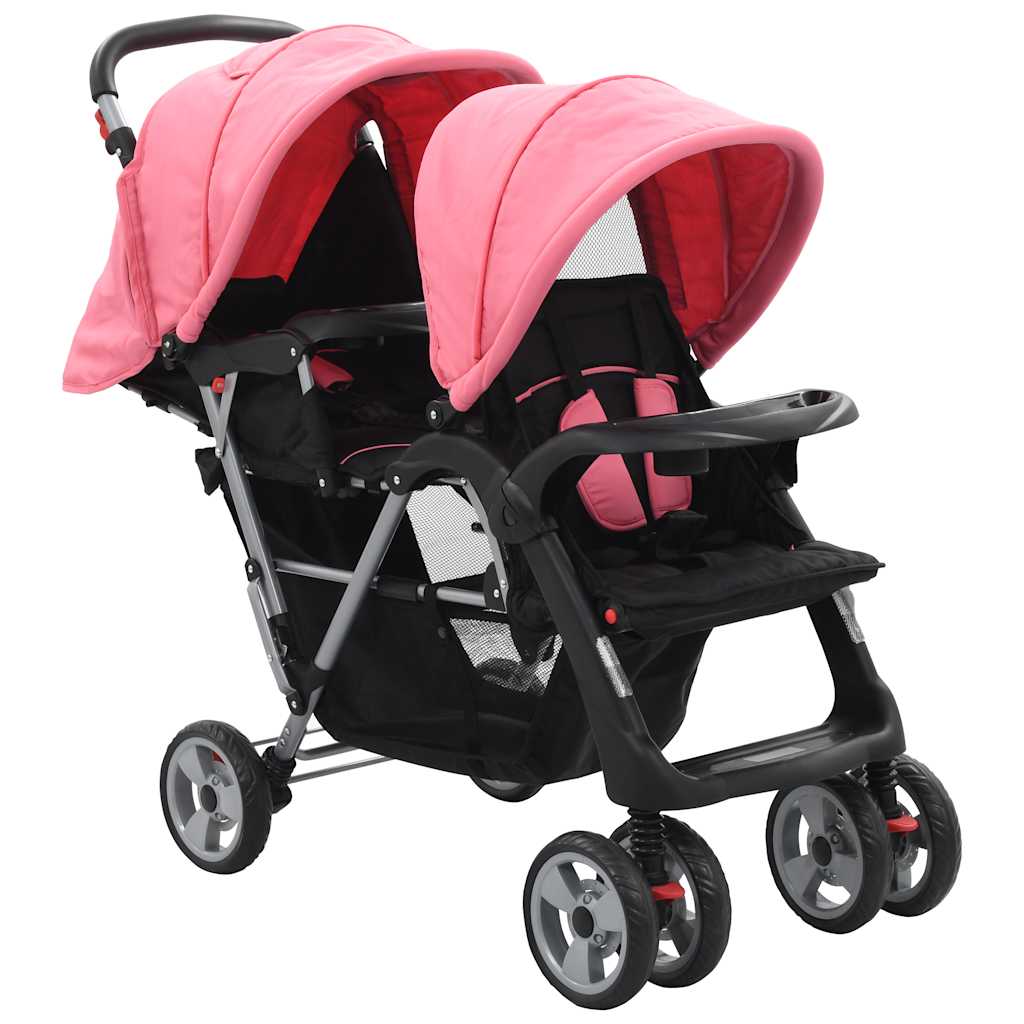 Vidaxl carrinho de bebé para gémeos acier cor-de-rosa e noir