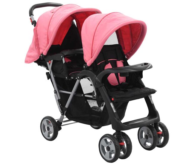Vidaxl carrinho de bebé para gémeos acier cor-de-rosa e noir