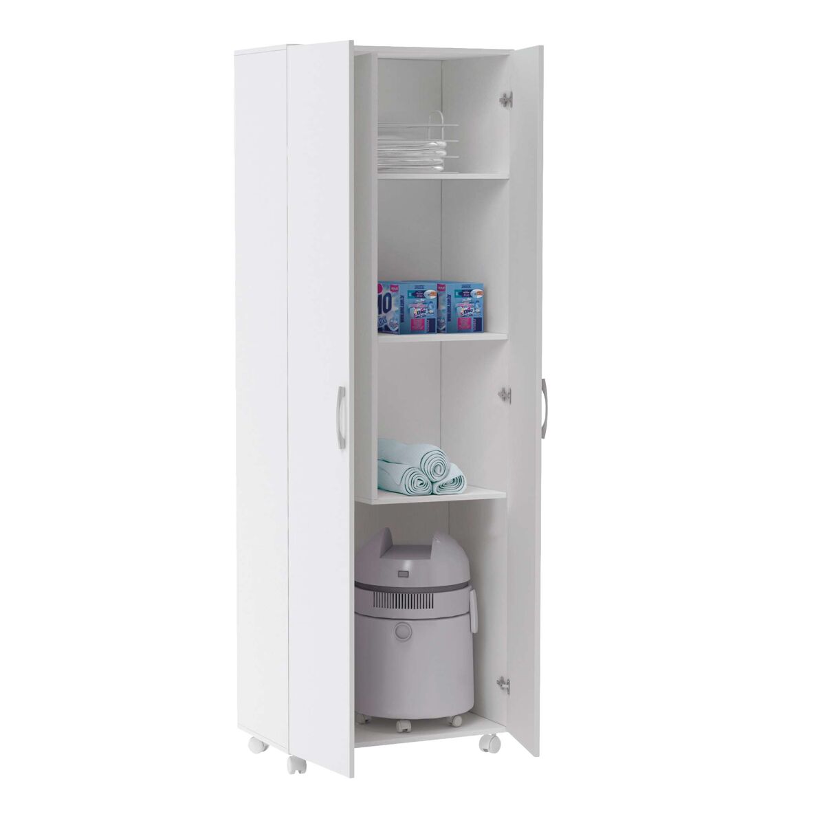 Armário auxiliar alto multiuso com rodas e 2 portas, branco, 72x183 cm
