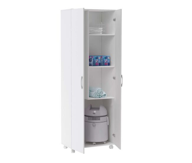 Armário auxiliar alto multiuso com rodas e 2 portas, branco, 72x183 cm