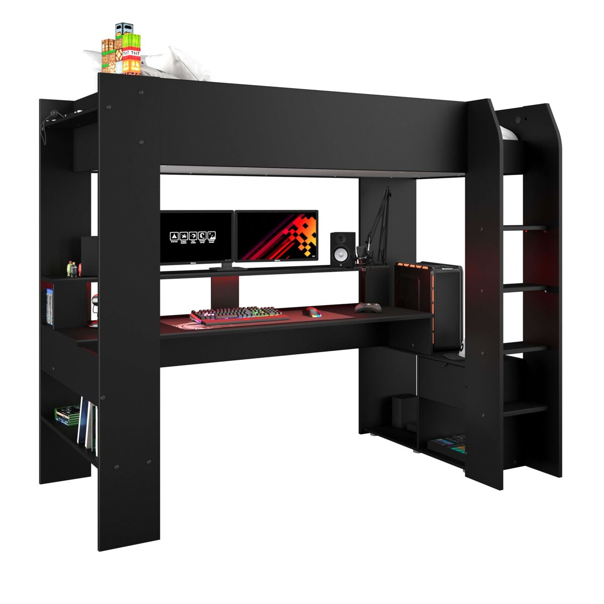 Miroytengo Jogo De Cama Alta Para Quarto Juvenil Com Escrivaninha Estilo Contemporâneo Pontilhado 220X180x116 Cm Preto