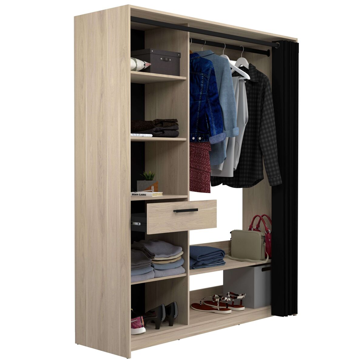 Closet Aura moderno com colunas, prateleiras e bar
