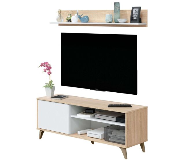 Pacote completo de móveis para sala de estar em branco e carvalho nórdico (armário de tv + aparador + vitrine + mesa de jantar + mesa de centro)