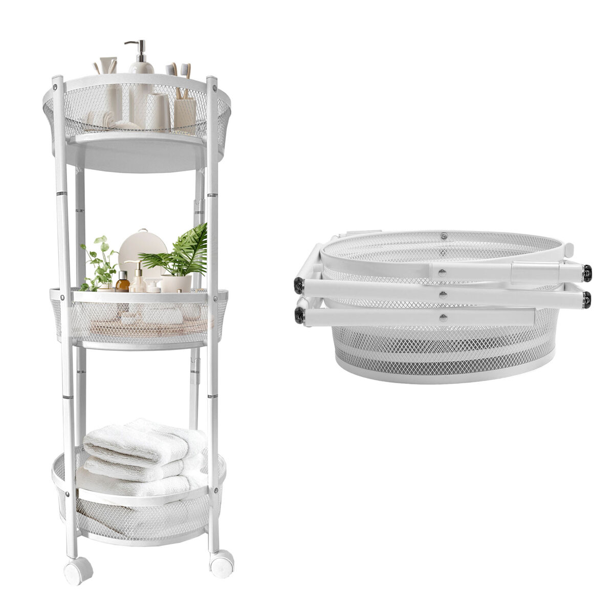 Carrinho de legumes metálico dobrável – 3 níveis com rodas traváveis – armazenamento prático para cozinha – nyana home