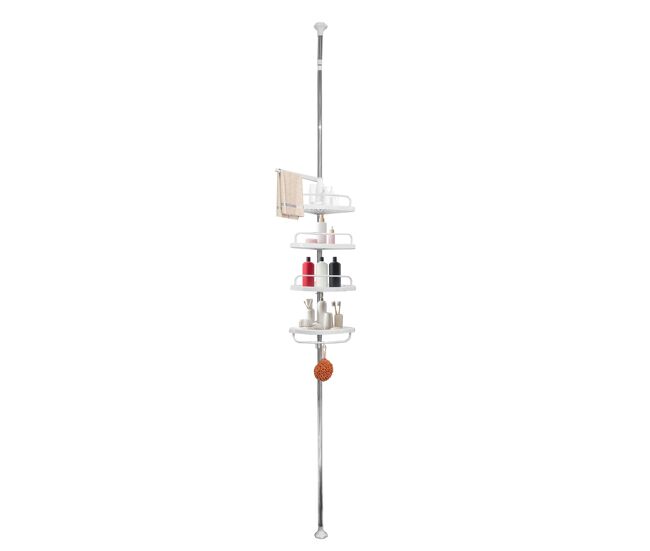 Prateleira telescópica de banheiro 276 a 330 cm – 4 prateleiras ajustáveis com ganchos – sem furos – aço inoxidável