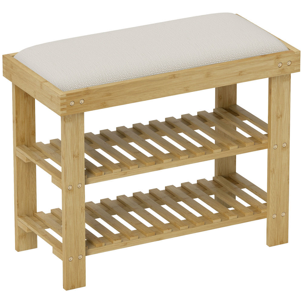 Homcom banco sapateira de bambu sapateira com assento almofadado 2 prateleiras para 6 pares de sapatos para entrada dormitório 60x29x49 cm madeira e