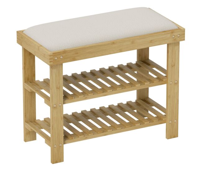 Homcom banco sapateira de bambu sapateira com assento almofadado 2 prateleiras para 6 pares de sapatos para entrada dormitório 60x29x49 cm madeira e