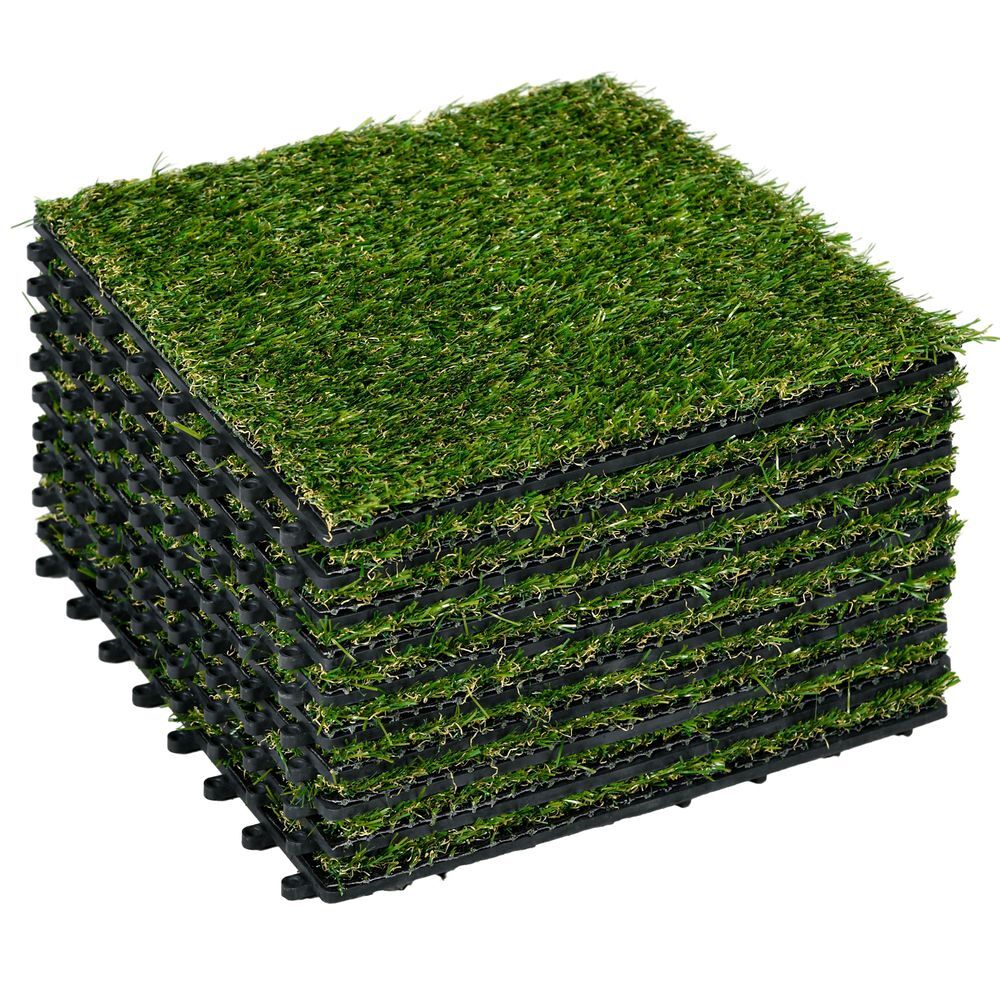 Outsunny relva artificial de 10 peças estrado de relva sintética 30x30 cm altura 20 mm resistente aos raios uv relva artificial para jardim pátio e