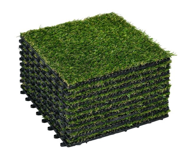 Outsunny relva artificial de 10 peças estrado de relva sintética 30x30 cm altura 20 mm resistente aos raios uv relva artificial para jardim pátio e