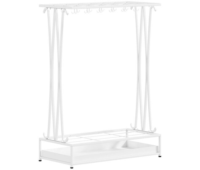 Homcom suporte para guarda-chuva moderno retangular suporte para guarda chuvas de acier com 24 ganchos 21 espaços e bandeja recolhedora de gotas amovível para entrada escritório 50x24x68 cm blanc
