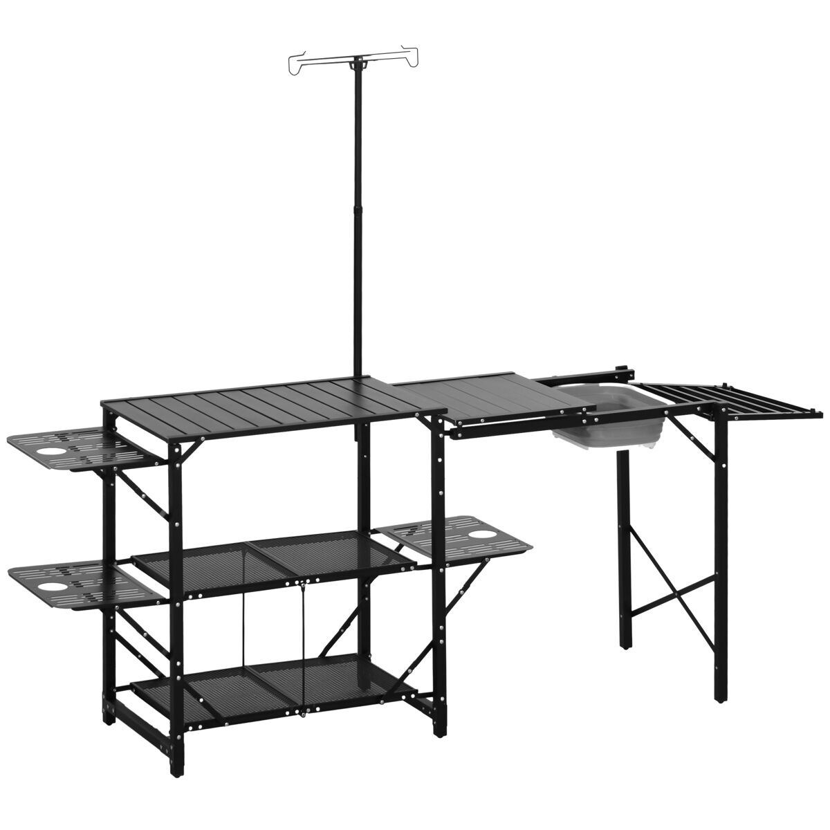 Outsunny mesa de campismo de 3 níveis mesa de campismo dobrável portátil com prateleiras de armazenamento lava-louça suporte para candeeiro e bolsa de