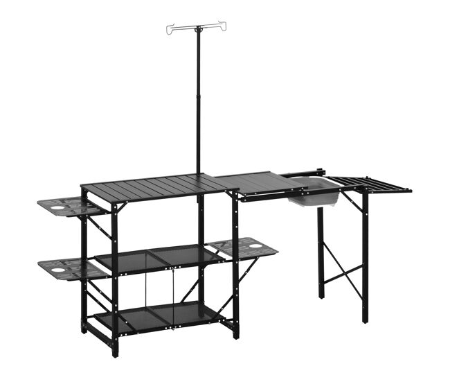 Outsunny mesa de campismo de 3 níveis mesa de campismo dobrável portátil com prateleiras de armazenamento lava-louça suporte para candeeiro e bolsa de
