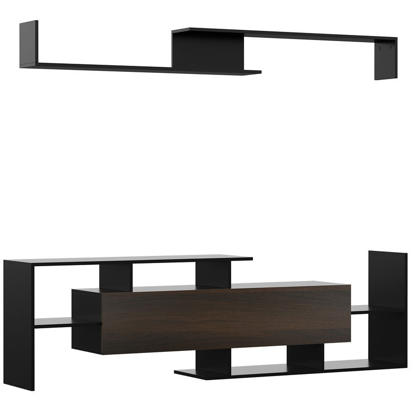 Homcom móvel de tv moderno móvel de sala de estar para televisores 153,6x25x42cm e étagère de parede 150x14,5x16,3 cm noir