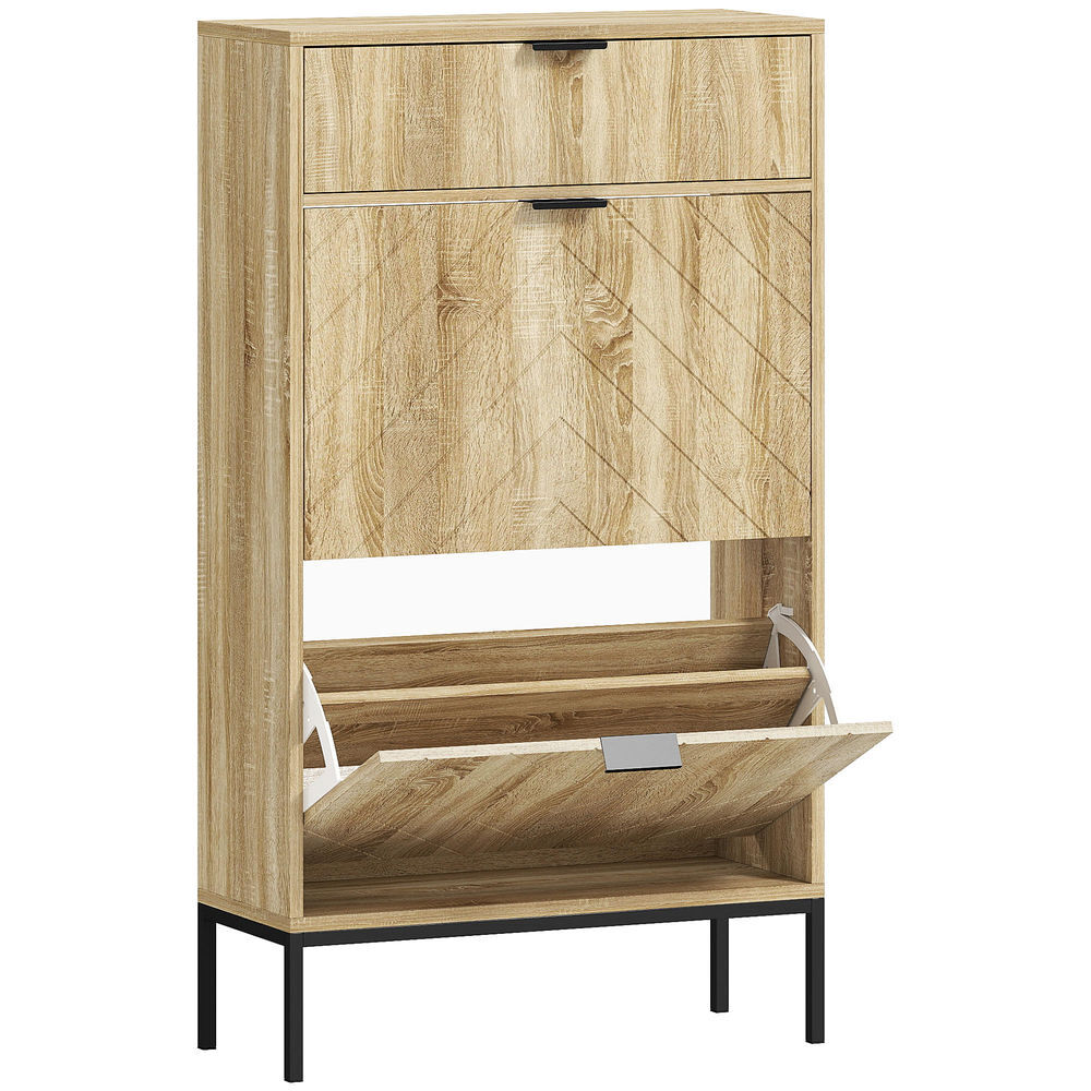 Homcom sapateira estreita com 2 portas sapateira para entrada com gaveta e prateleiras ajustáveis para 8 pares de sapatos 60x24x105,5 cm madeira
