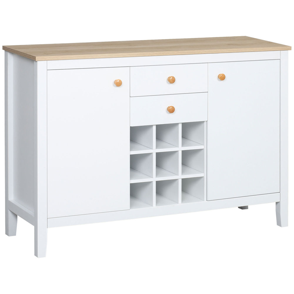 Homcom aparador de cozinha moderno com 2 gavetas 2 armários com étagères ajustáveis e suporte para 9 garrafas móvel auxiliar de armazenamento para sala de jantar 110x35x75 cm blanc e madeira