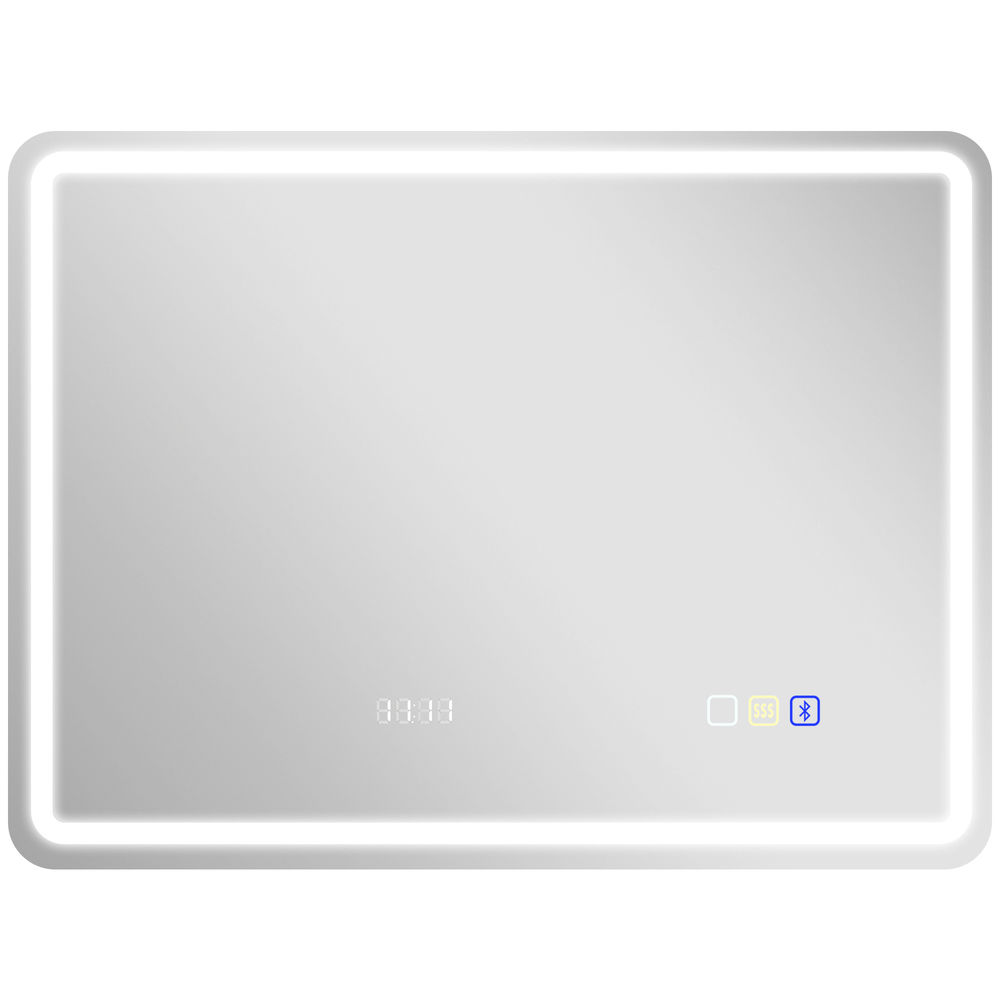 Homcom espelho de casa de banho com luz led 80x60 cm espelho de parede com bluetooth 3 cores de luz relógio digital função antiembaciamento função de