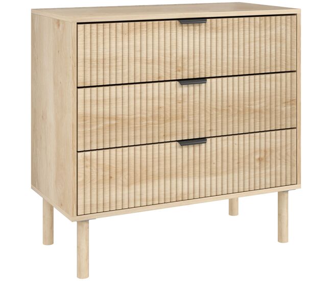 Homcom cómoda com 3 gavetas cómoda dormitório estilo nórdico com sistema anti-tombo painéis ripados e puxadores metálicos 80x40x77,5 cm madeira