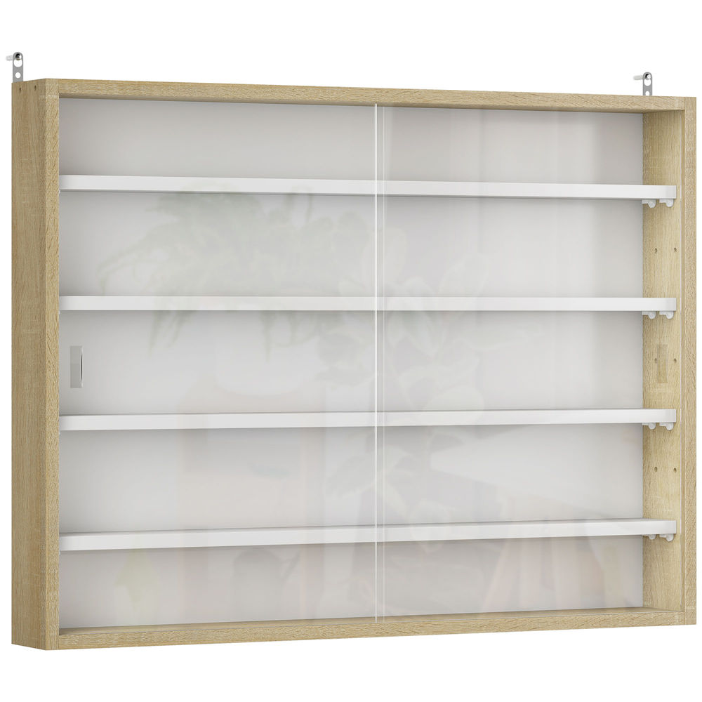 Homcom vitrina expositora para coleções de 5 níveis, vitrina de parede com étagères ajustáveis e 2 portas de vidro deslizantes, para perfumes, figuras decorativas, 80x9,5x60 cm, blanc e carvalho
