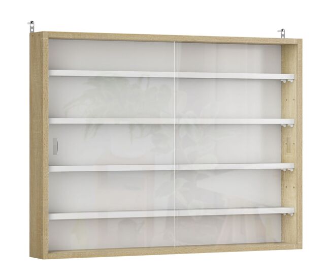 Homcom vitrina expositora para coleções de 5 níveis, vitrina de parede com étagères ajustáveis e 2 portas de vidro deslizantes, para perfumes, figuras decorativas, 80x9,5x60 cm, blanc e carvalho