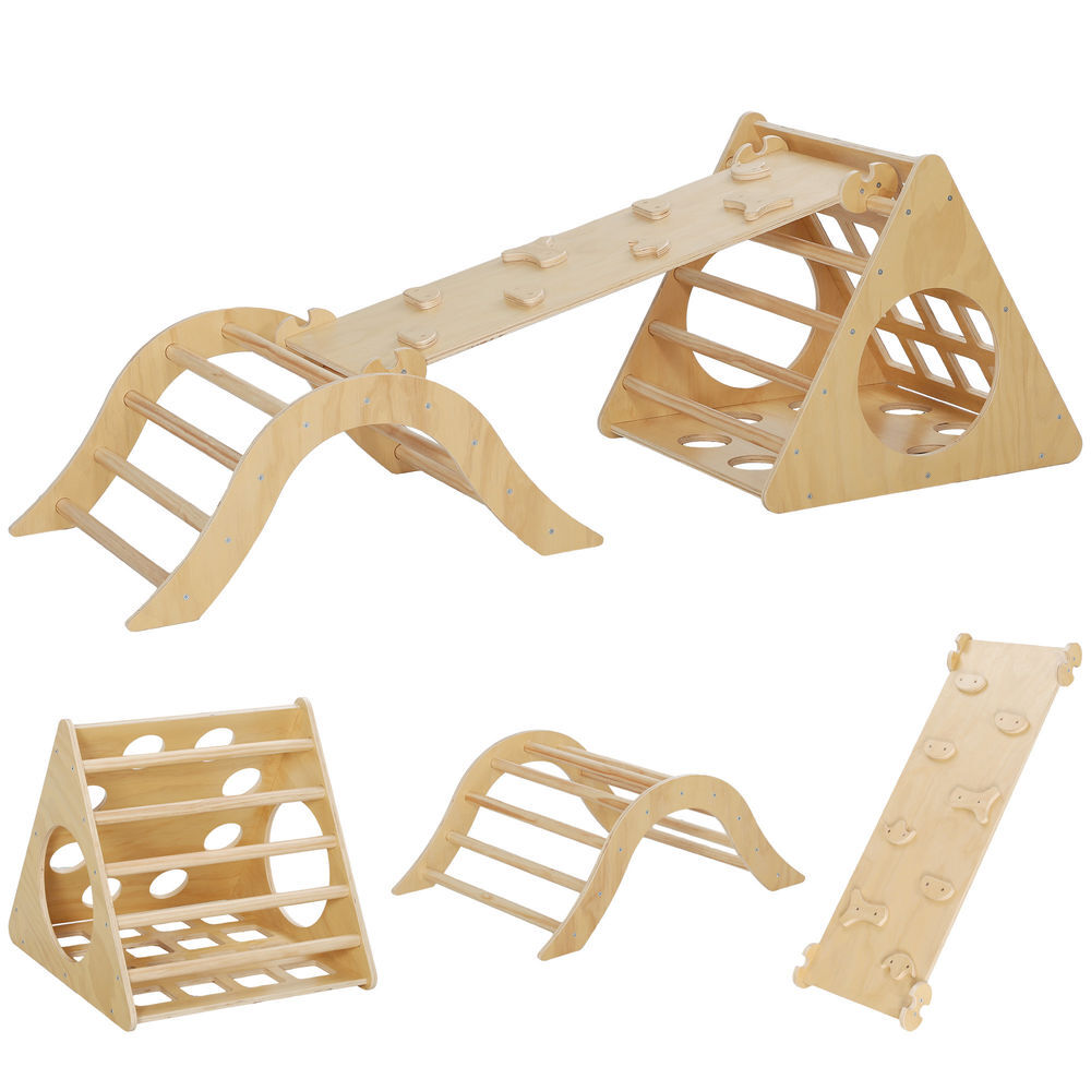 Aiyaplay triângulo de escalar de madeira 8 em 1 jogo de aprendizagem para enfants de 18-48 meses com rampa escada em forma de arco e bolsa de areia 175x59,5x60 cm madeira