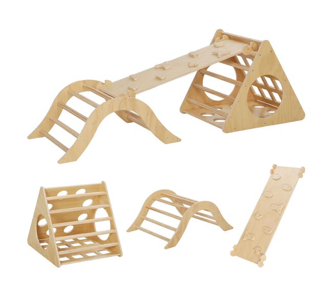 Aiyaplay triângulo de escalar de madeira 8 em 1 jogo de aprendizagem para enfants de 18-48 meses com rampa escada em forma de arco e bolsa de areia 175x59,5x60 cm madeira