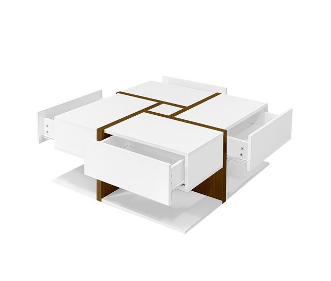 Mesa de centro quadrada de painel de partículas com 4 gavetas,branco