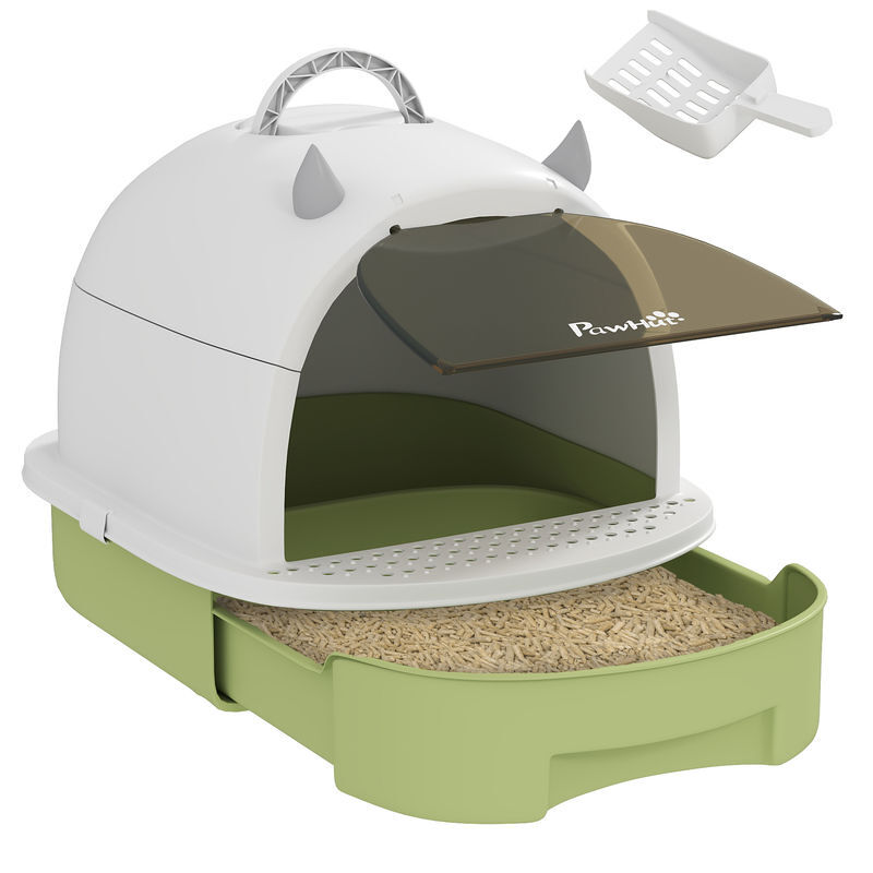 Pawhut caixa de areia para gatos fechada caixa de areia para gatos com tampa e bandeja amovíveis filtro de carvão e pá 40,5x52x39 cm branco e verde