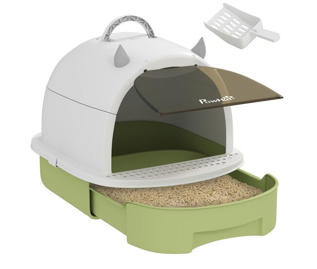 Pawhut caixa de areia para gatos fechada caixa de areia para gatos com tampa e bandeja amovíveis filtro de carvão e pá 40,5x52x39 cm branco e verde