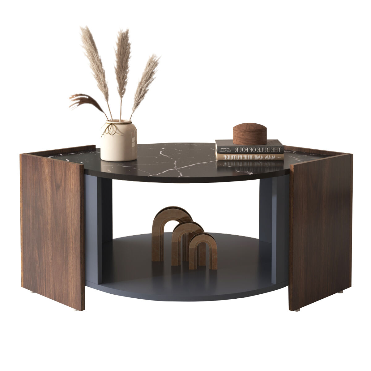 Mesa de centro oval de painel de partículas,preto+madeira