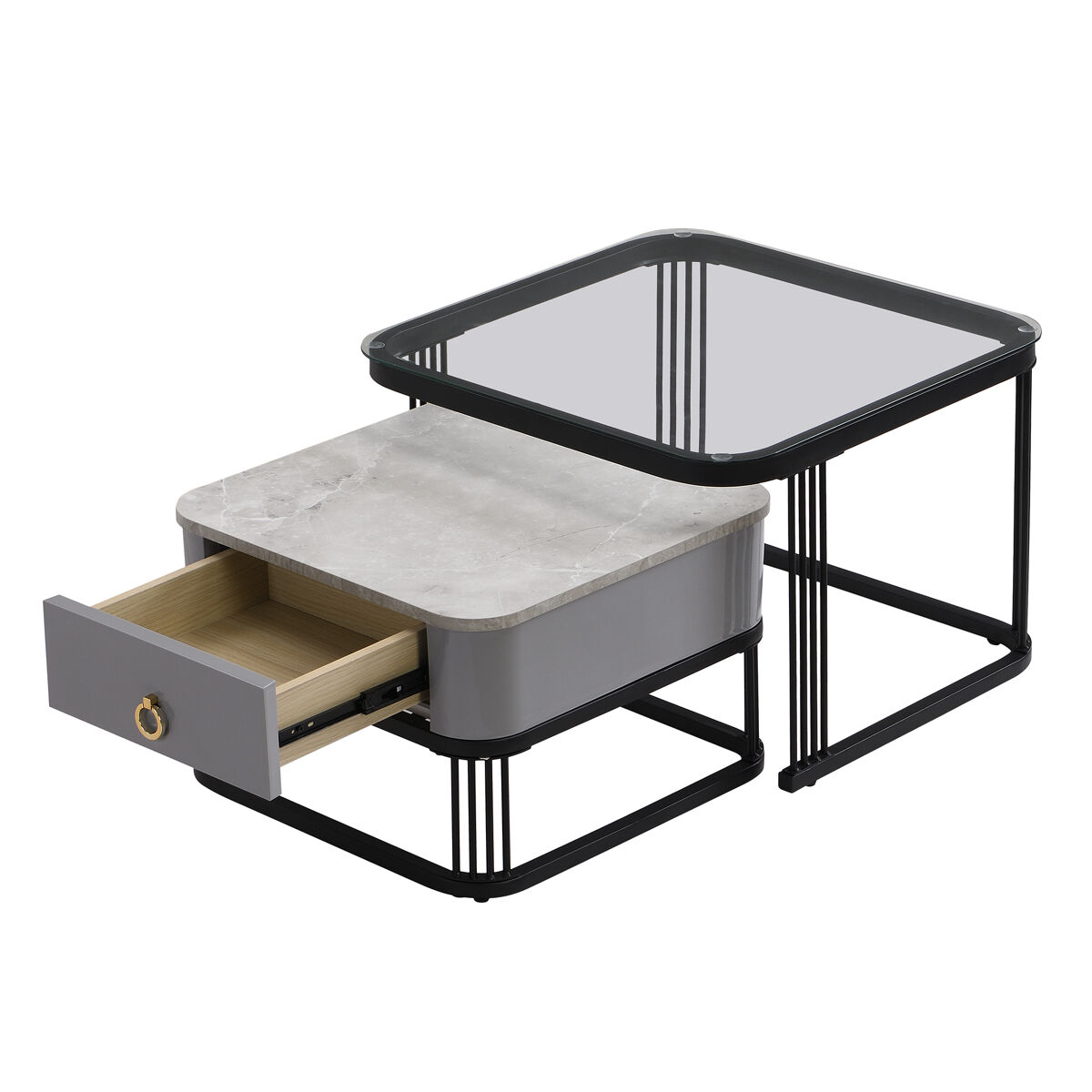 Conjunto de 2 mesas de centro quadradas de mdf com 1 gaveta,cinzento+preto