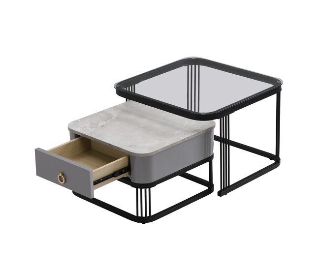 Conjunto de 2 mesas de centro quadradas de mdf com 1 gaveta,cinzento+preto