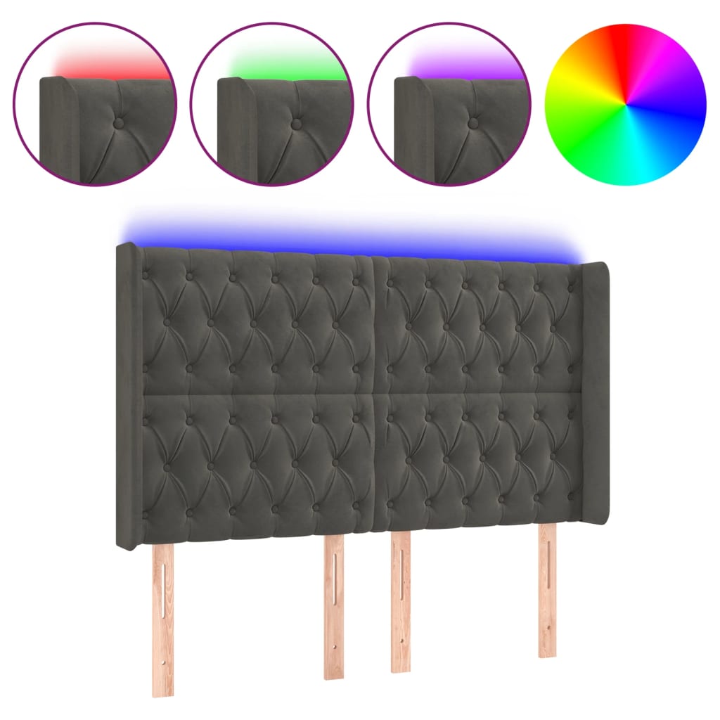 Vidaxl cabeceira de cama c/ led veludo 147x16x118/128 cm cinza-escuro