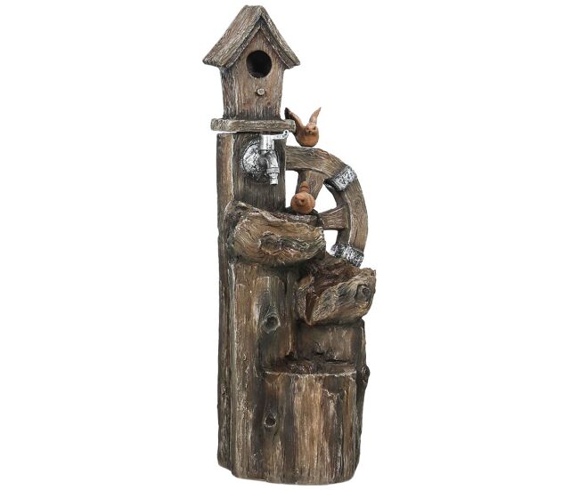 Outsunny fonte de jardim 2 em 1 com casa para pássaros fonte de água de exterior com luzes led bomba fonte decorativa com troncos de árvore multicor
