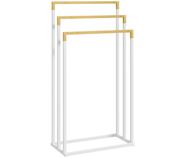 Kleankin toalheiro de pé de 3 níveis toalheiro em forma de escada com 3 barras de bambu e estrutura de aço para casa de banho 45x22,5x86 cm branco e