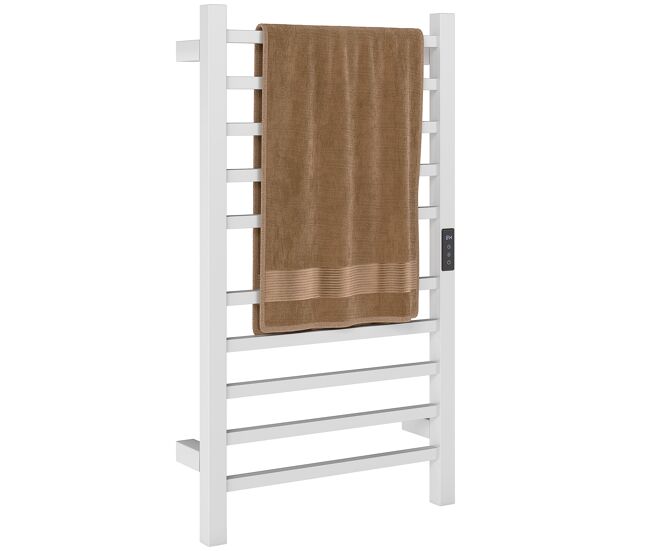 Homcom toallero électrique de parede 110w toalheiro électrique com controlo wifi ecrã tátil temporizador 10 barras temperatura ajustável baixo consumo ipx4 45x11x80 cm blanc