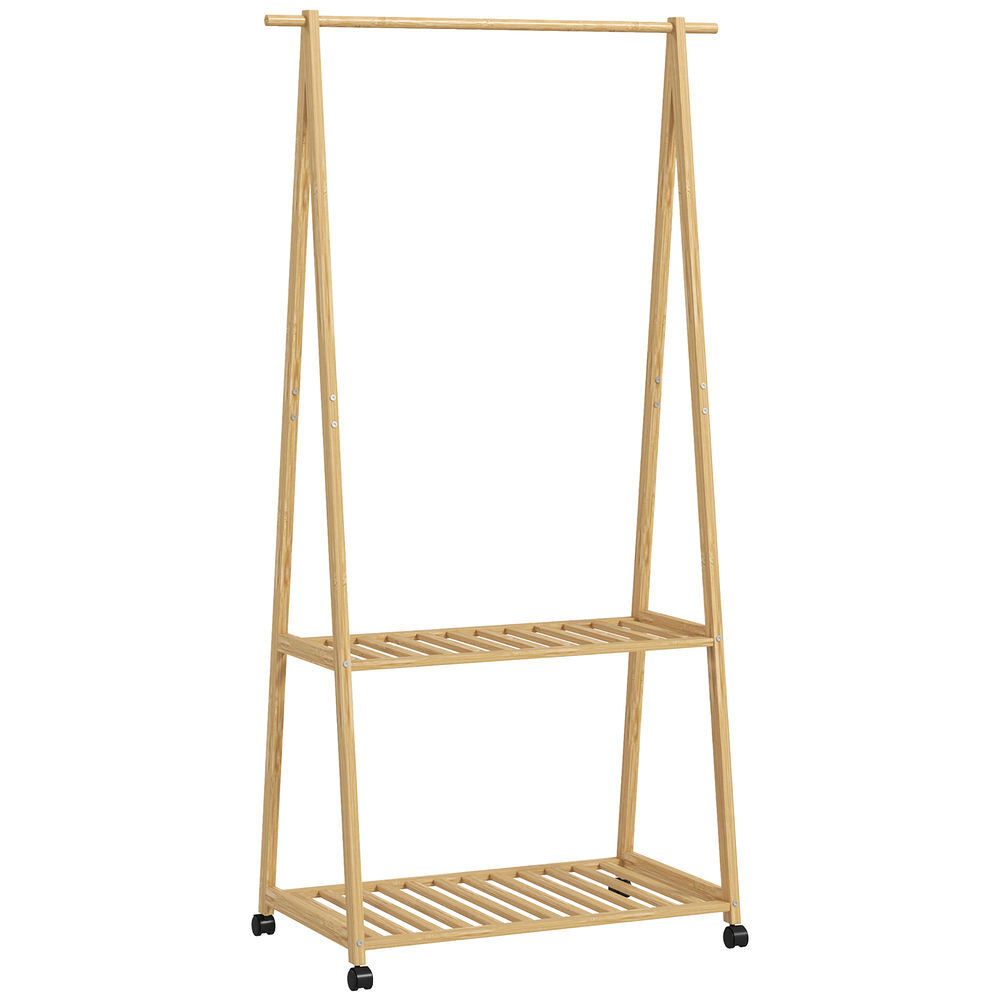 Homcom charriot de bambu para roupa charriot para roupa com rodas 2 prateleiras abertas e 2 ganchos para entrada corredor dormitório 84,5x43,5x158 cm
