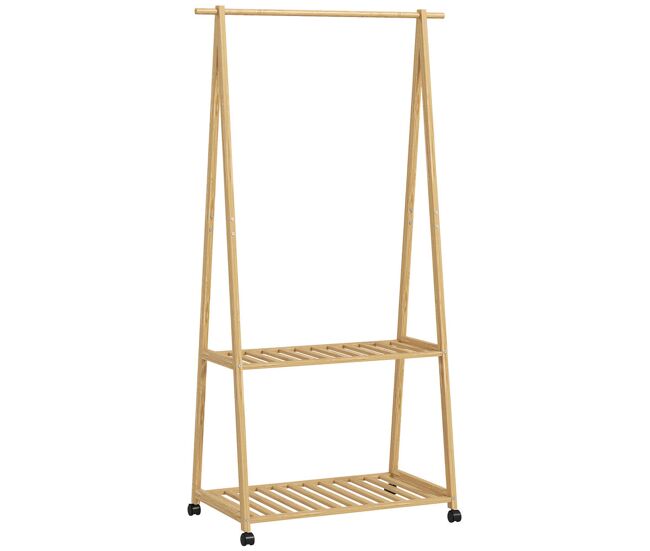 Homcom charriot de bambu para roupa charriot para roupa com rodas 2 prateleiras abertas e 2 ganchos para entrada corredor dormitório 84,5x43,5x158 cm
